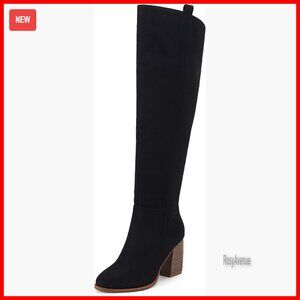Faux Suede Over The Knee Boots Pointed Toe Chunky Block Heel Side Zipper